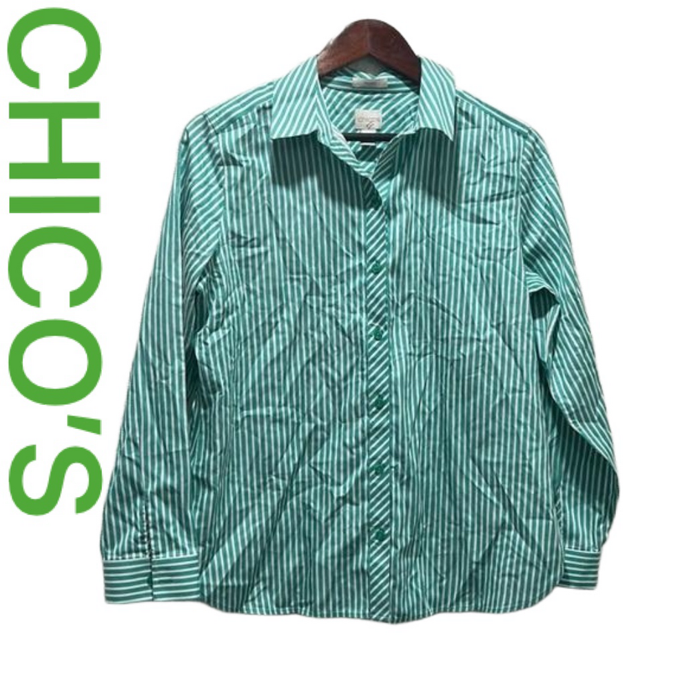 CHICO’S green &white striped blouse size 1 GUC..